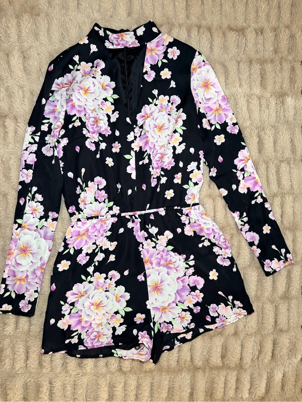 Lucca Couture Black and Pink Floral Romper with Wrap Style